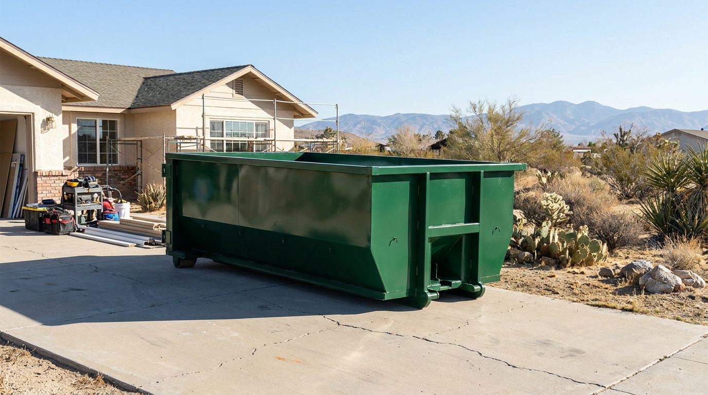 Roll-off dumpster on a driveway in Hanford